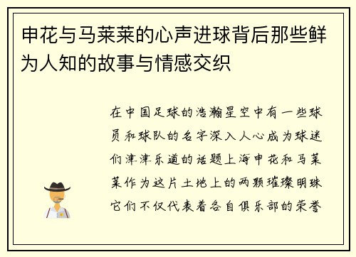 申花与马莱莱的心声进球背后那些鲜为人知的故事与情感交织 申花与马莱莱的心声进球背后那些鲜为人知的故事与情感交织